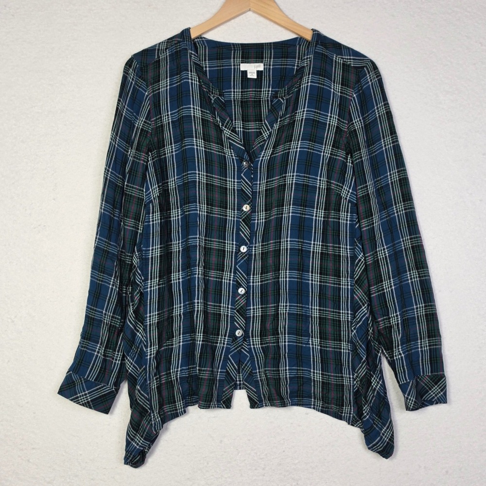 J Jill Women Medium Petite Plaid Rayon Handkerchief Hem Tunic Top Blue - Picture 2 of 9